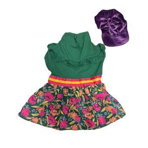 Youly Dog MEDIUM Green Ruffle Dress Floral Lightweight With Purple Velour Hat